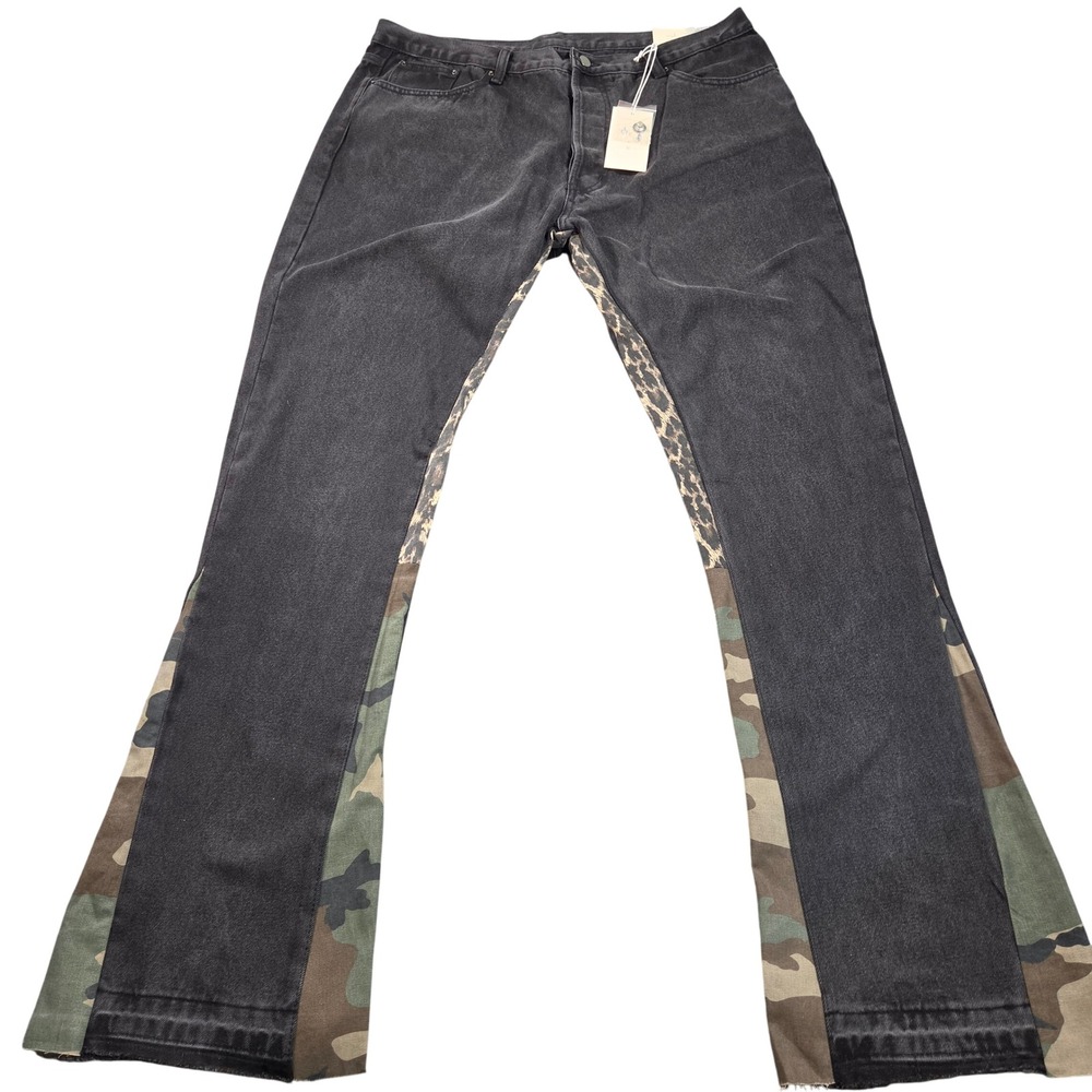 MNML B241 Flare Denim Jeans Mens 40 Washed Black Camo Leopard Print NWT